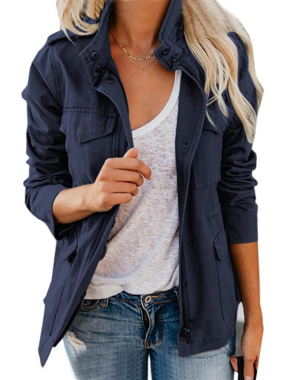 Stylish Women's Fall Military Utility Jacket - Zip Up, Stand Collar, Cotton